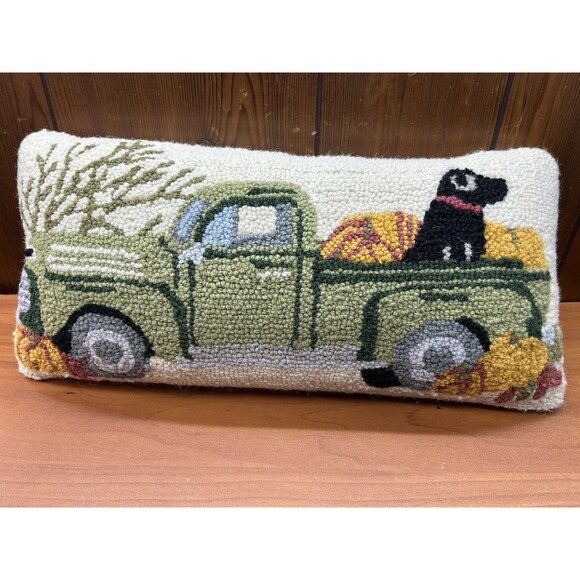 Mudpie Wool Hooked Autumn Pillow Black Lab Green Pickup PumpkinsS 18" x 8" EUC